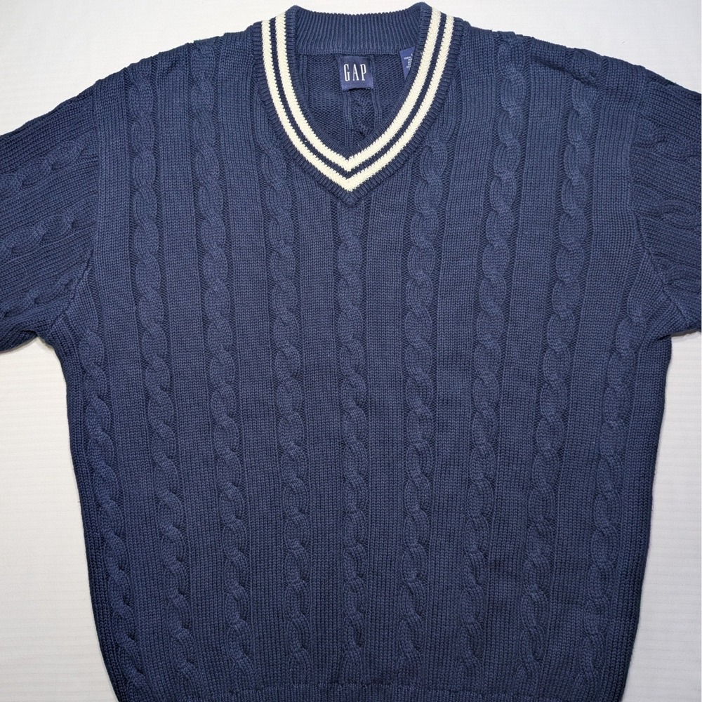 GAP Vintage Men Large Cable Knit Cotton VNeck Sweater Navy Blue Tipped Varsity L
